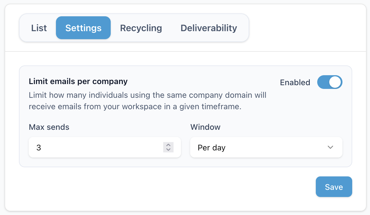 Campaign Leads settings showing Limit emails per company with max sends and timeframe controls