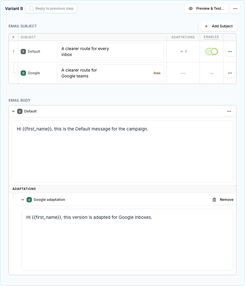 Campaign Creative showing Default subject and body fields with a Google adaptation expanded inline