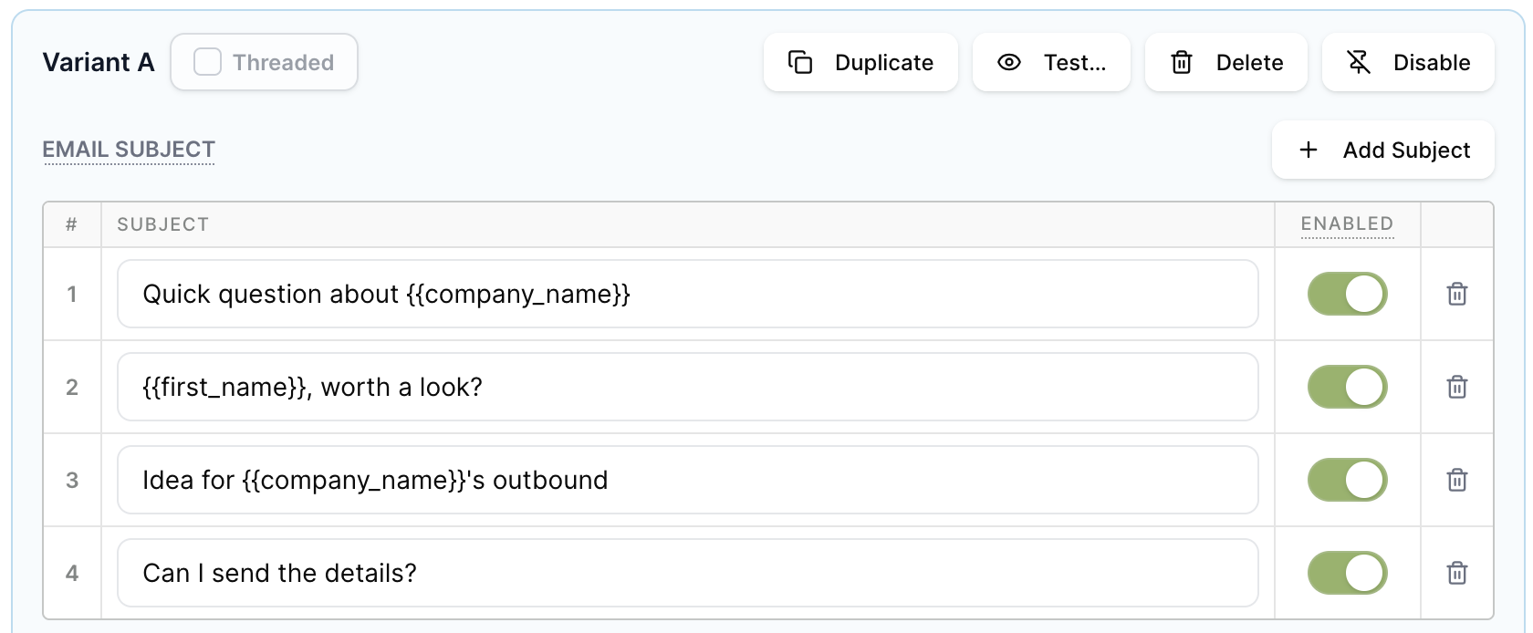 Creative showing four enabled email subjects in a single variant sharing one email body