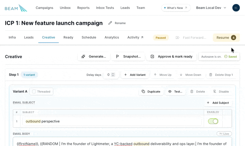 Animated campaign editor showing the resume button with four blocking issues and a readiness dialog linking to Schedule, Creative, and lead review fixes