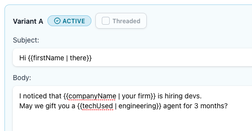 Campaign sequence editor showing fallback text after pipe characters in subject and body template variables