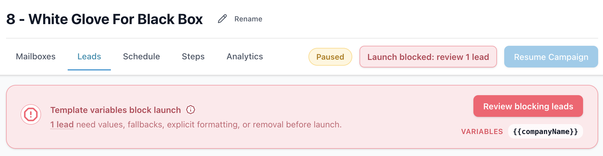 Campaign editor showing a launch-blocking template variables warning with a review blocking leads action