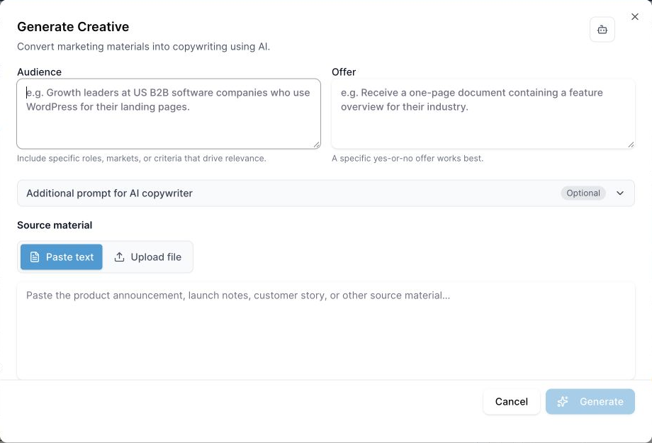 Campaign template generator with guided audience, offer, and source-material inputs