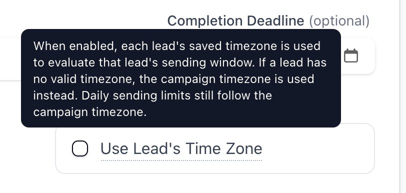 Campaign settings showing the Use Lead's Time Zone option and explanatory tooltip