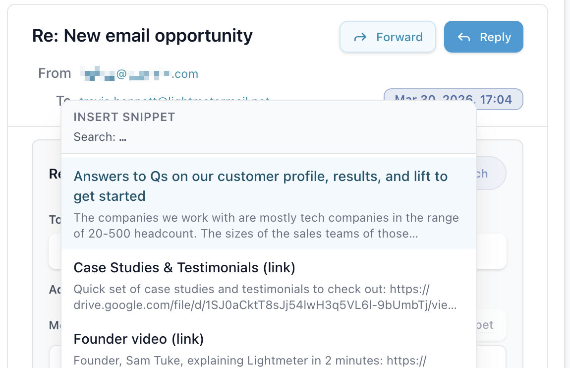 Inbox reply composer showing the insert snippet picker with saved reusable reply templates