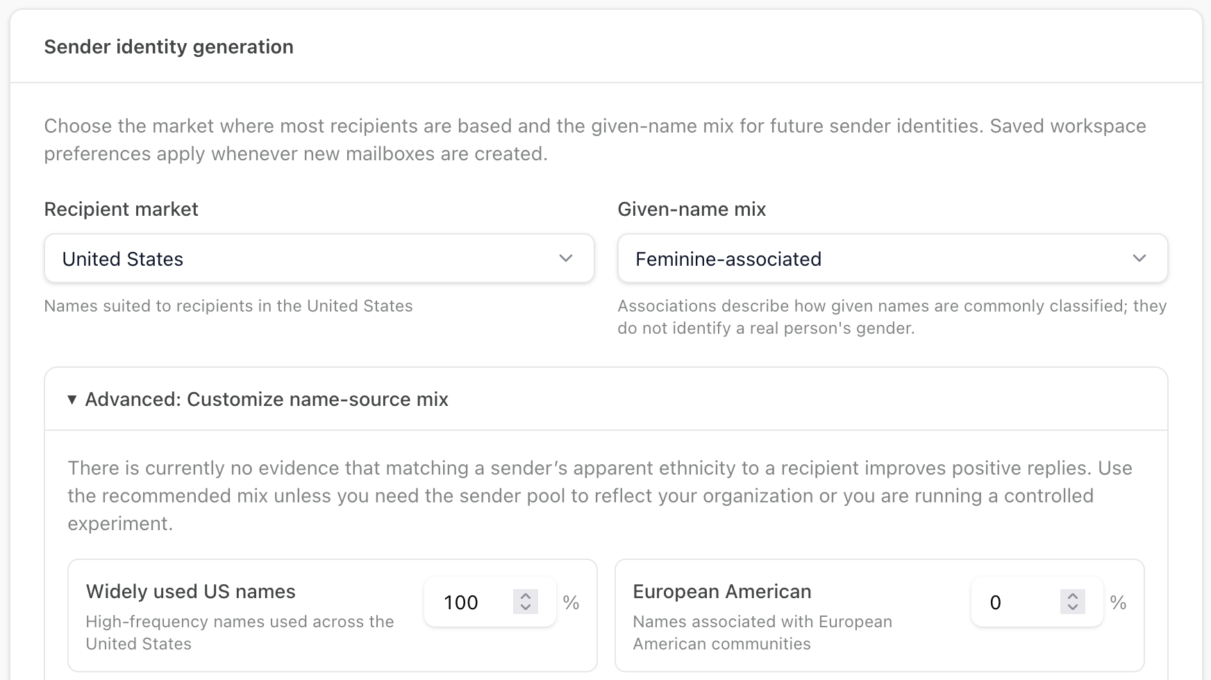 Sender identity generation settings showing the United States market, feminine-associated given names, and the advanced name-source mix