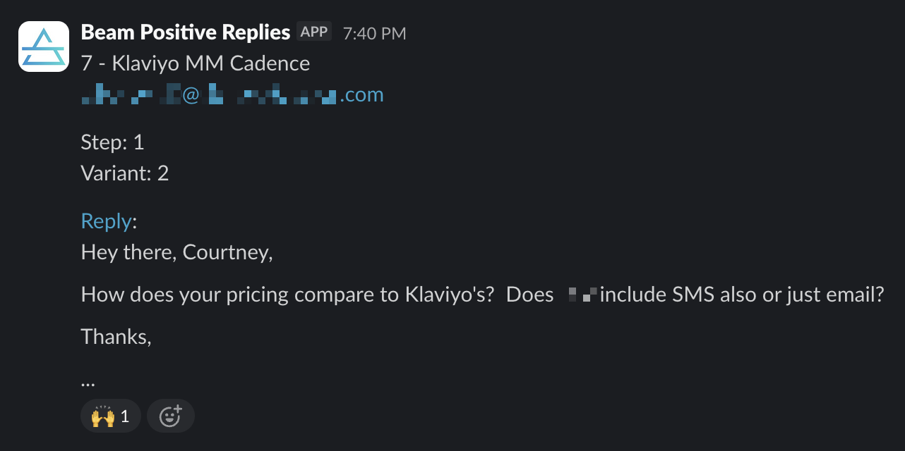 Slack notification showing native formatting for a positive reply and a direct preview of the reply content