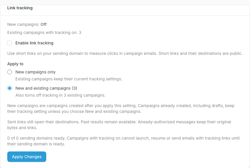 Tracking settings with new-campaign default off and an explicit choice to apply to existing campaigns
