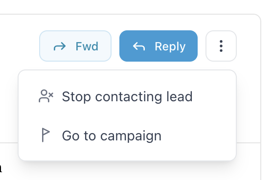 Unibox More actions menu showing stop contacting lead and go to campaign