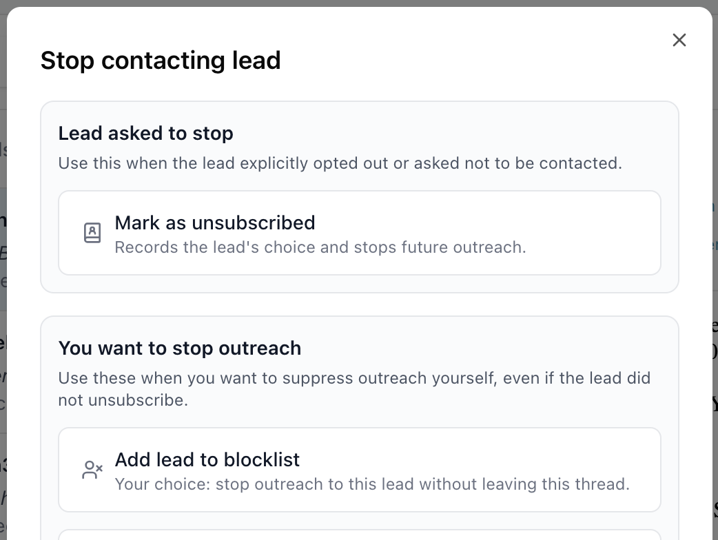 Unibox stop-contacting dialog showing unsubscribe and blocklist options