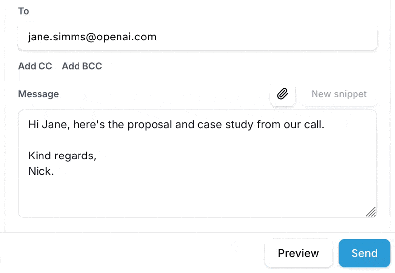 Animated message composer in the Unibox showing the new Attach button and a recently sent case study being added to a reply