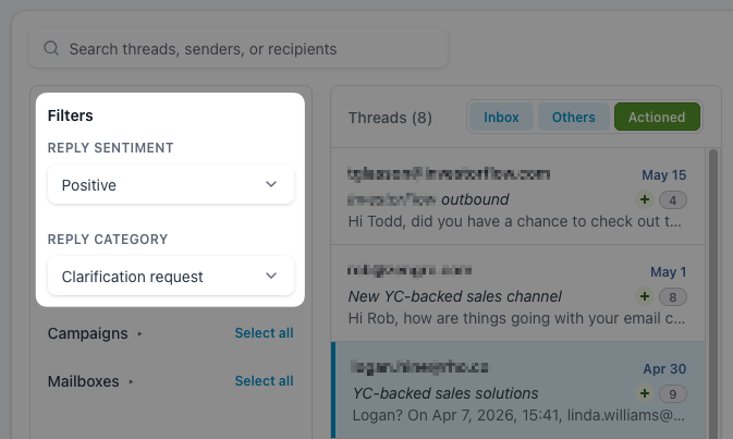 Unibox reply filters showing Positive sentiment and Clarification request selected above the thread list