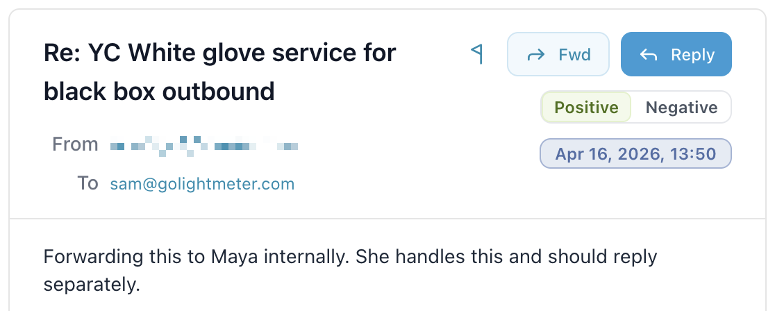 Unibox thread view showing Positive and Negative reply status controls beside the message actions