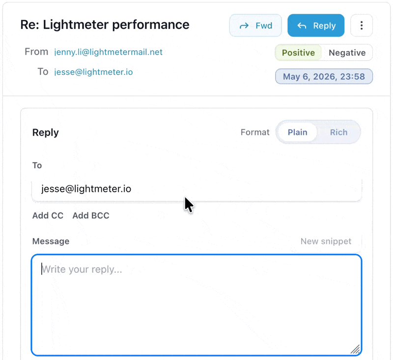 Unibox reply editor inserting snippets and variables with highlighted lead values