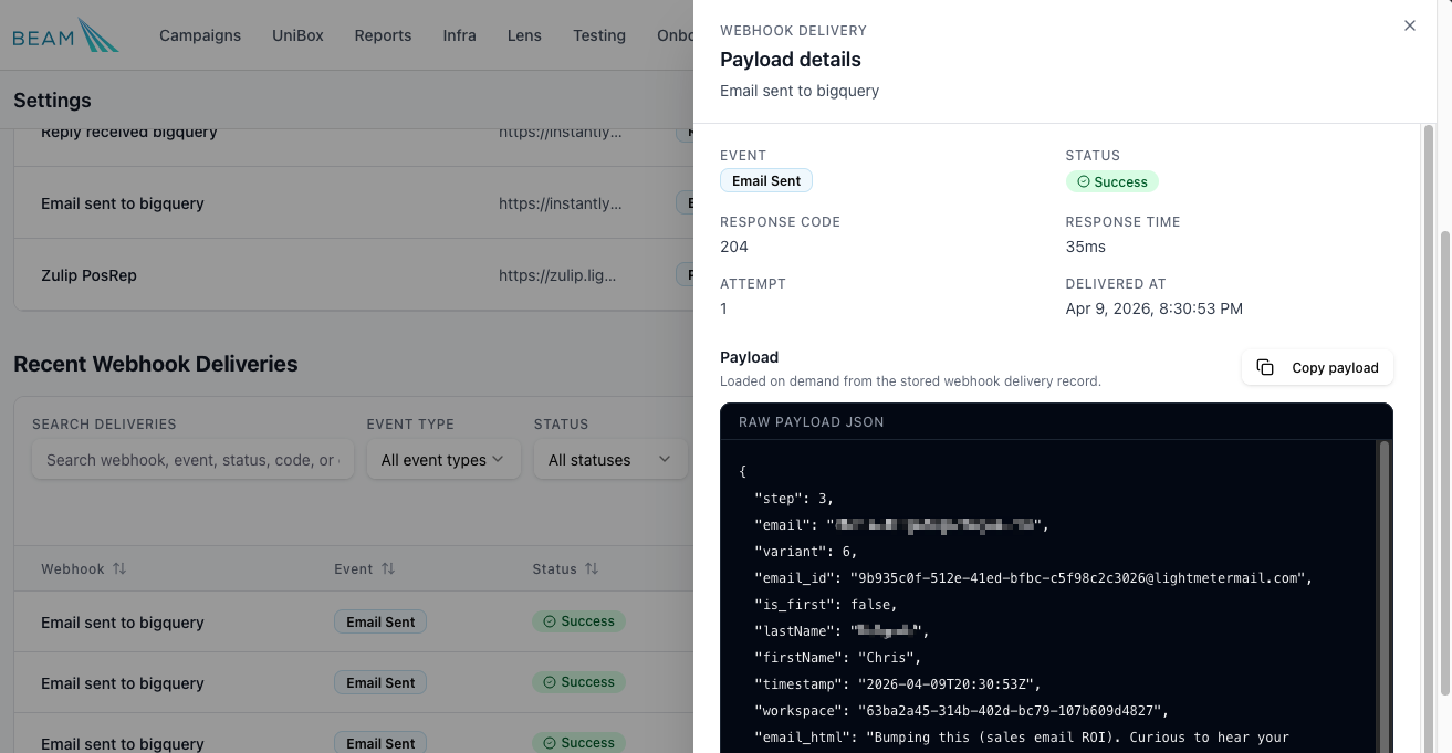 Webhook deliveries page showing searchable event history and an open payload details drawer with the raw JSON payload